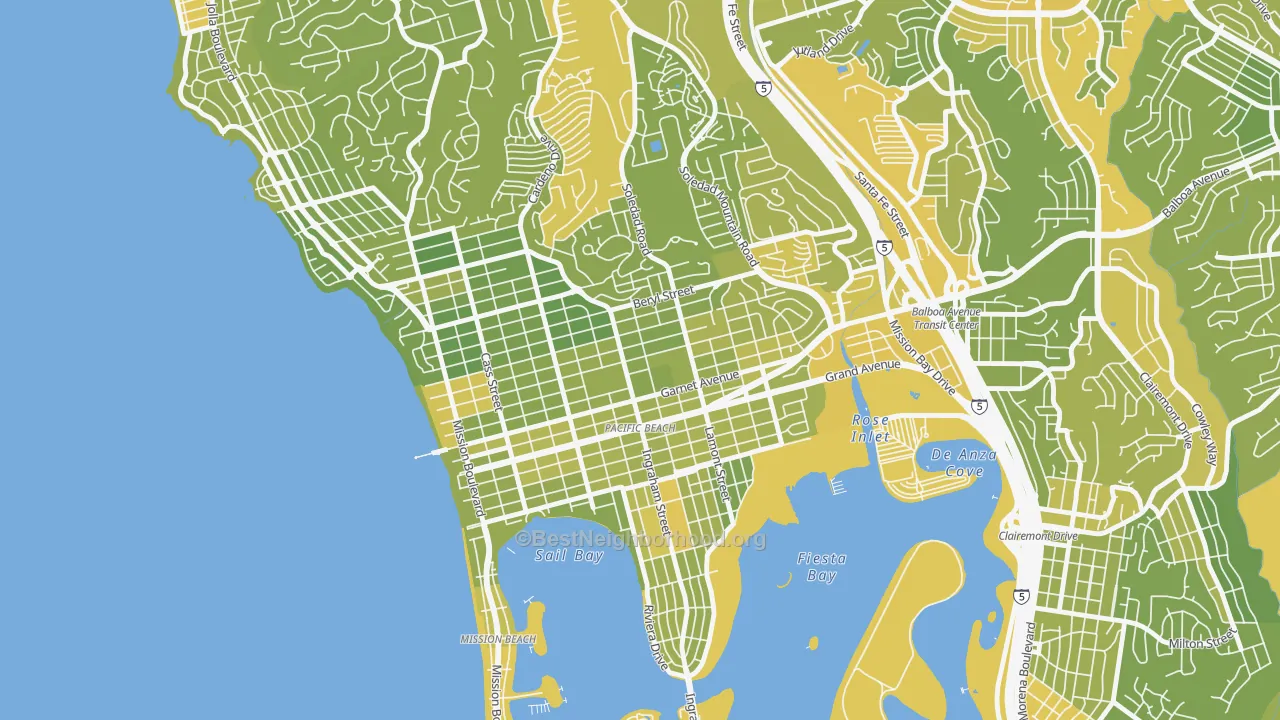 Map of the best neighborhoods in the Pacific Beach, San Diego area, with better matches in green and worse matches in red