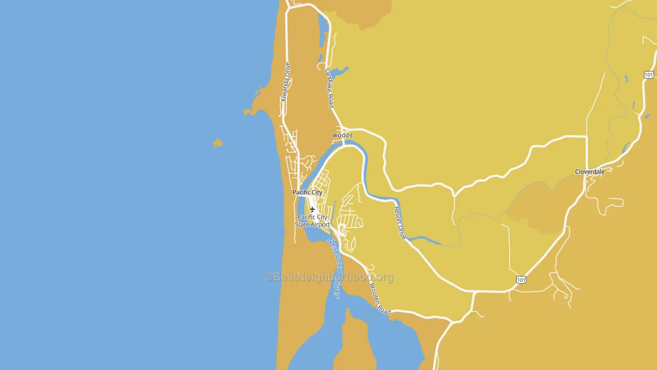 Map of the best neighborhoods in the Pacific City area, with better matches in green and worse matches in red