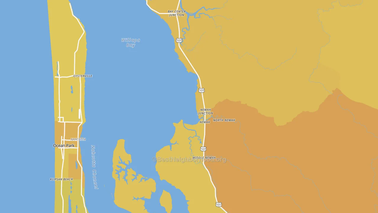 Map of the best neighborhoods in the Pacific County area, with better matches in green and worse matches in red