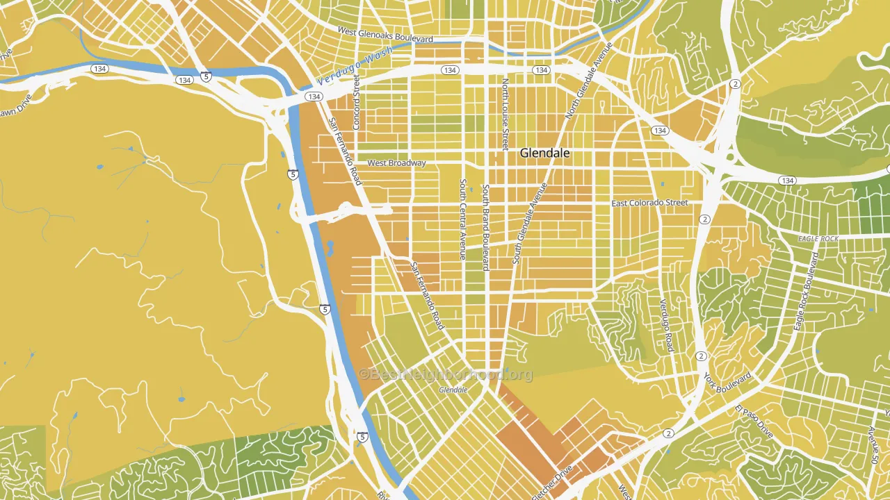 Map of the best neighborhoods in the Pacific Edison, Glendale area, with better matches in green and worse matches in red