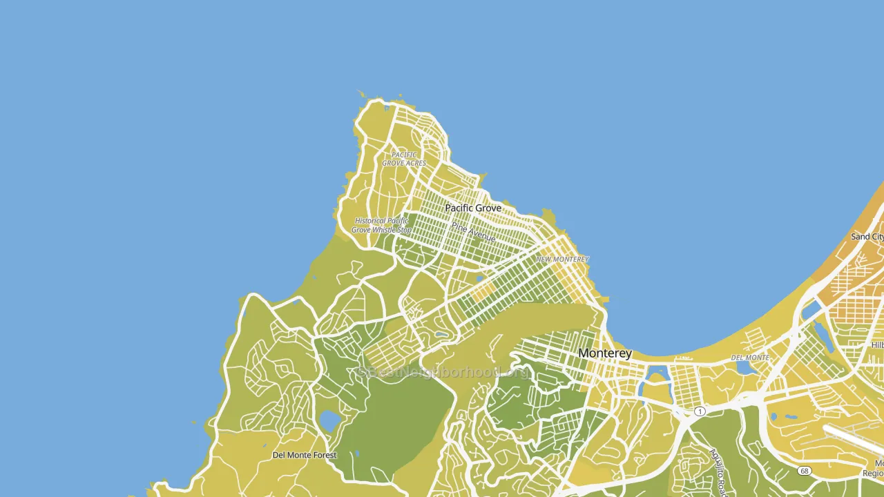 Map of the best neighborhoods in the Pacific Grove area, with better matches in green and worse matches in red