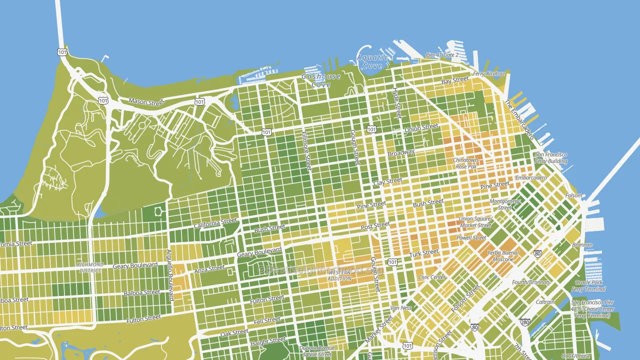 Map of the best neighborhoods in the Pacific Heights, San Francisco area, with better matches in green and worse matches in red