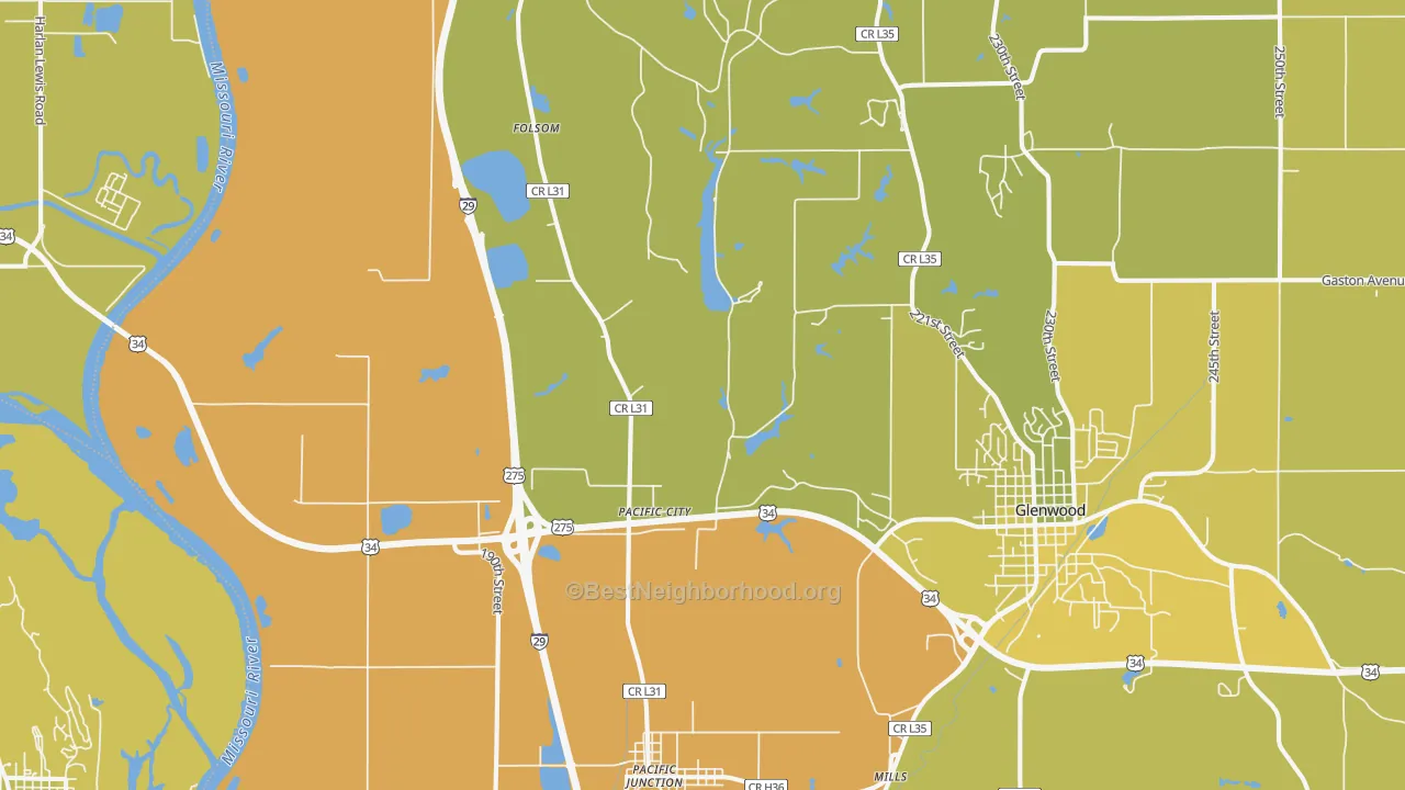 Map of the best neighborhoods in the Pacific Junction area, with better matches in green and worse matches in red