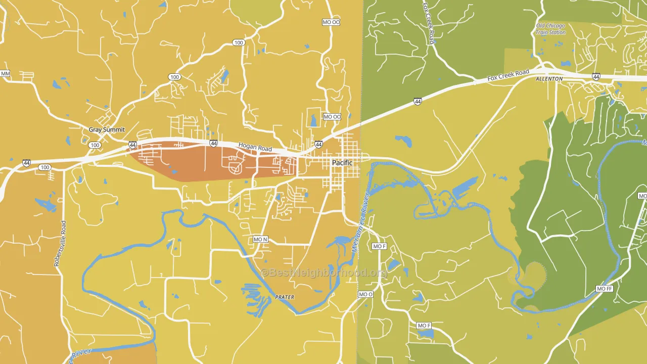Map of the best neighborhoods in the Pacific area, with better matches in green and worse matches in red