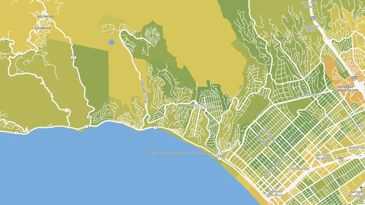 Map of the best neighborhoods in the Pacific Palisades area, with better matches in green and worse matches in red