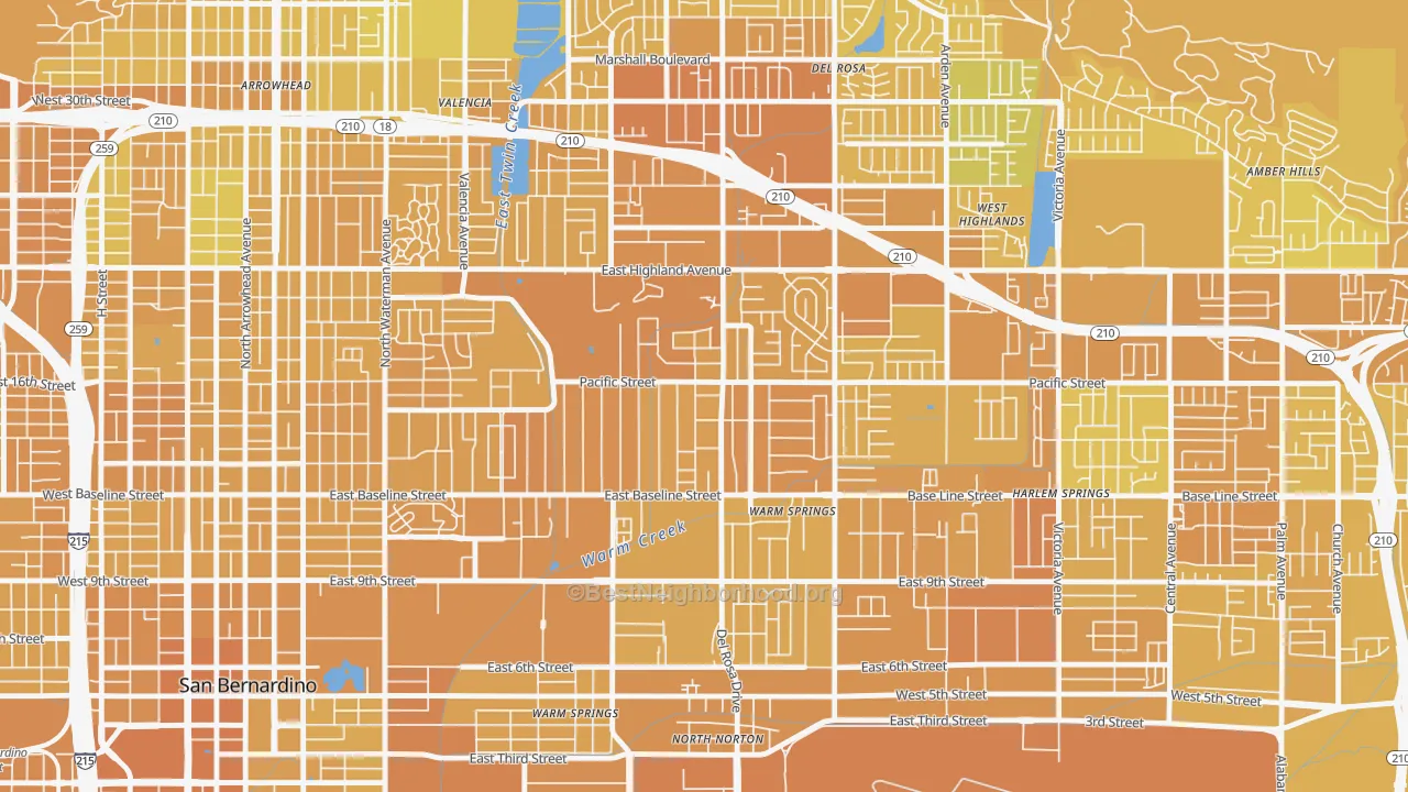 Map of the best neighborhoods in the Pacific-Riverside, San Bernardino area, with better matches in green and worse matches in red