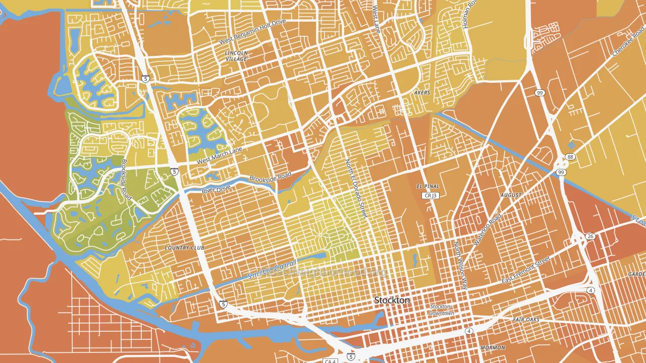 Map of the best neighborhoods in the Pacific, Stockton area, with better matches in green and worse matches in red