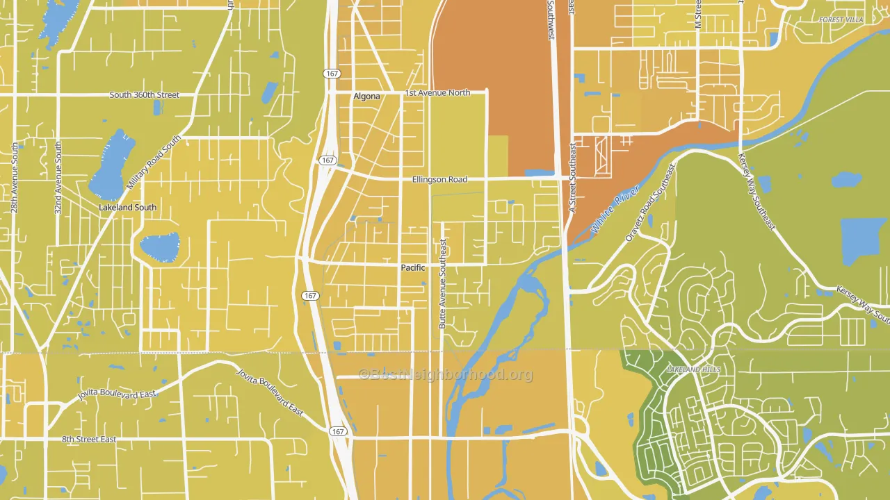 Map of the best neighborhoods in the Pacific area, with better matches in green and worse matches in red