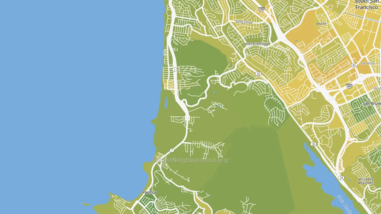 Map of the best neighborhoods in the Pacifica area, with better matches in green and worse matches in red