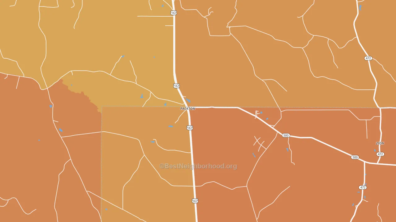 Map of the best neighborhoods in the Packton area, with better matches in green and worse matches in red