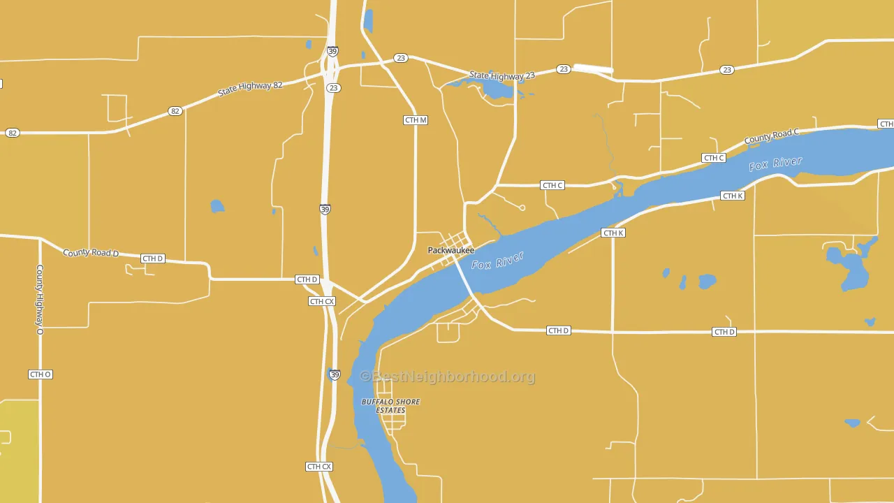 Map of the best neighborhoods in the Packwaukee area, with better matches in green and worse matches in red