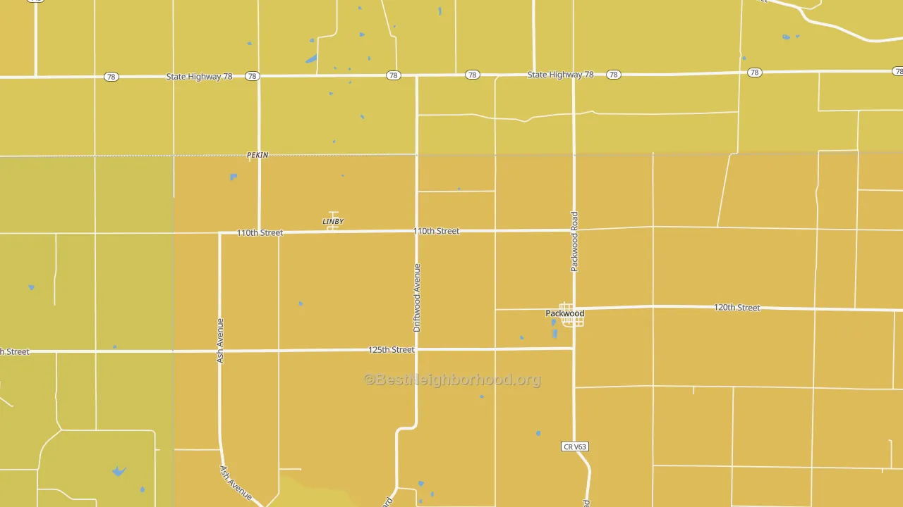 Map of the best neighborhoods in the Packwood area, with better matches in green and worse matches in red