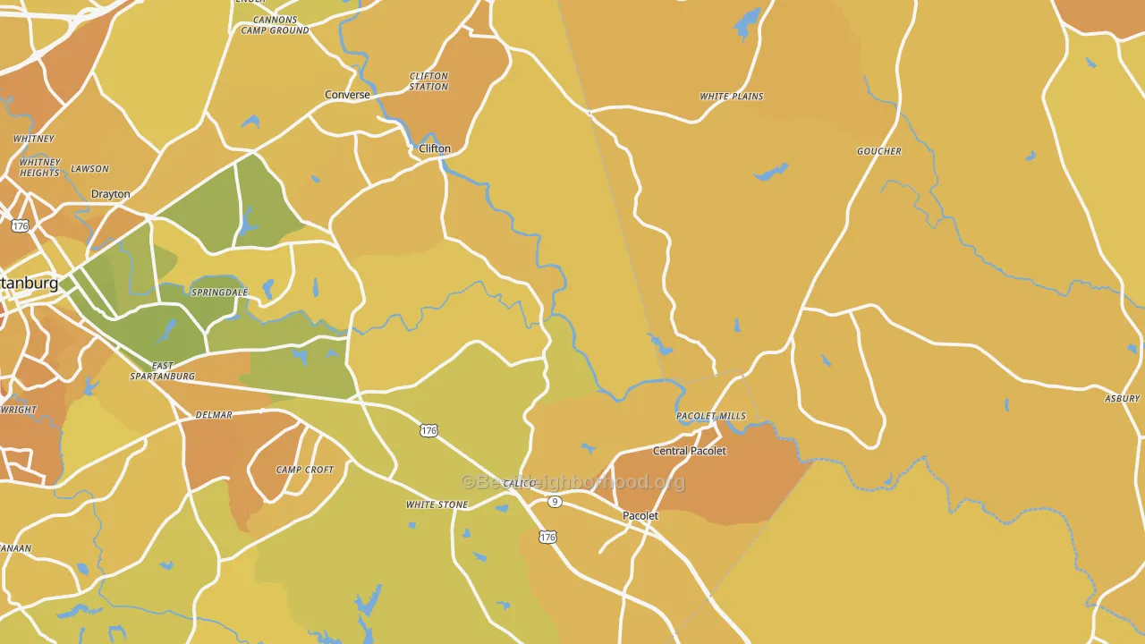 Map of the best neighborhoods in the Pacolet Mills area, with better matches in green and worse matches in red