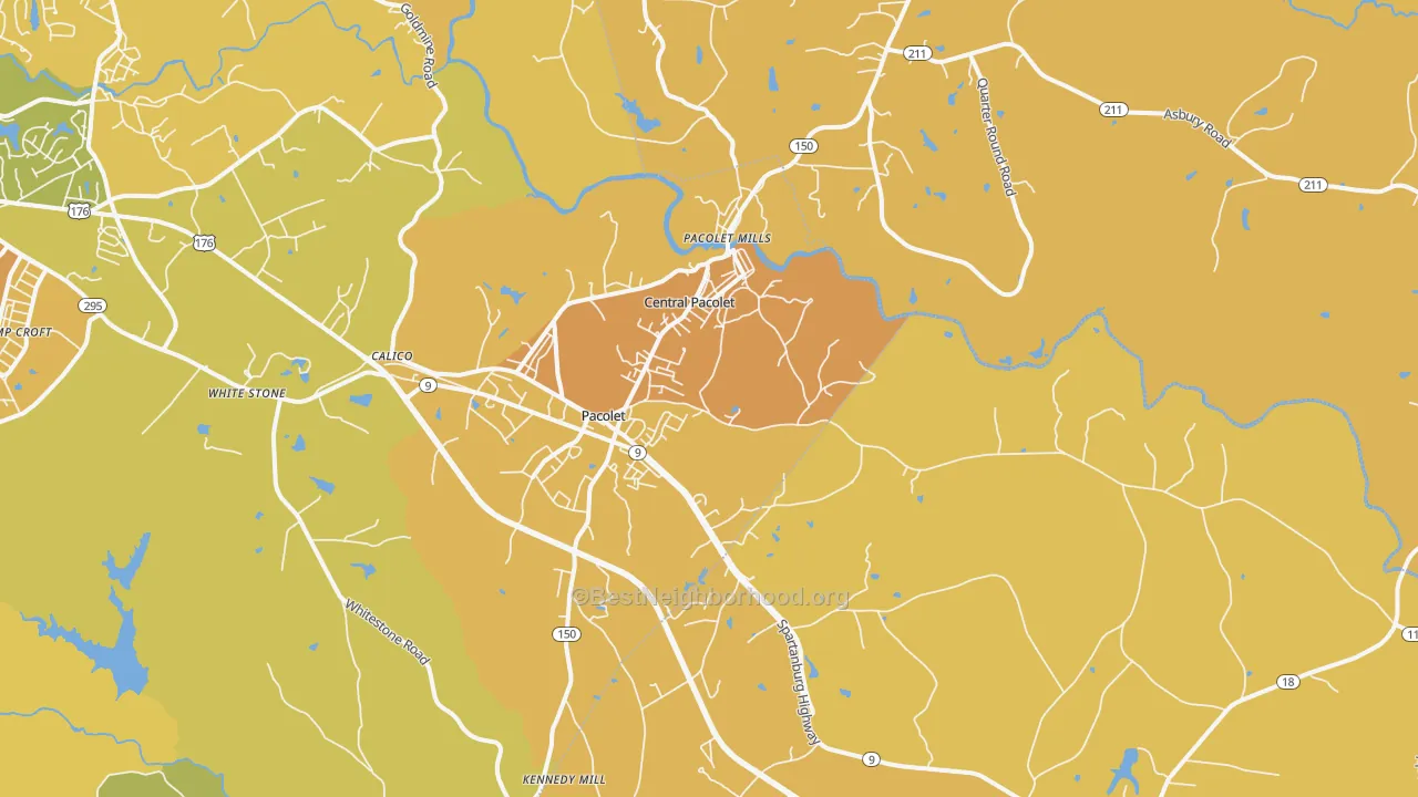 Map of the best neighborhoods in the Pacolet area, with better matches in green and worse matches in red