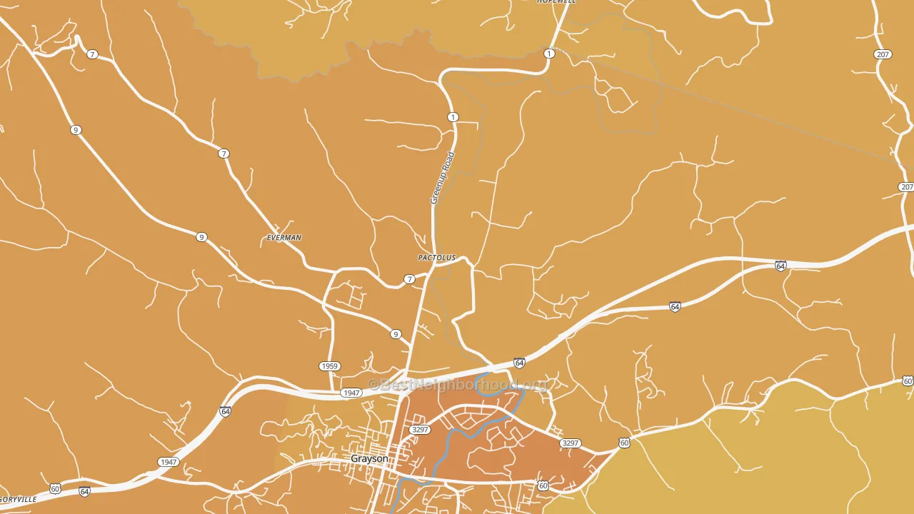 Map of the best neighborhoods in the Pactolus area, with better matches in green and worse matches in red