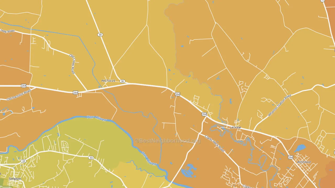 Map of the best neighborhoods in the Pactolus area, with better matches in green and worse matches in red