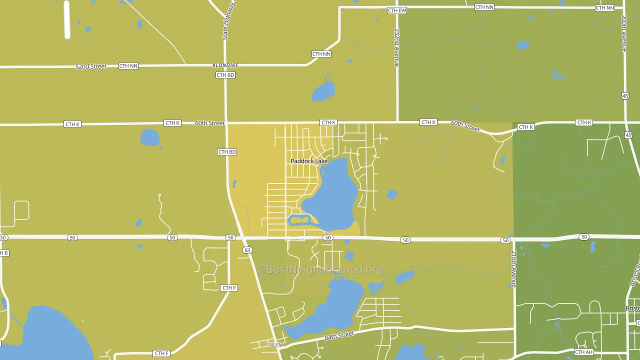 Map of the best neighborhoods in the Paddock Lake area, with better matches in green and worse matches in red