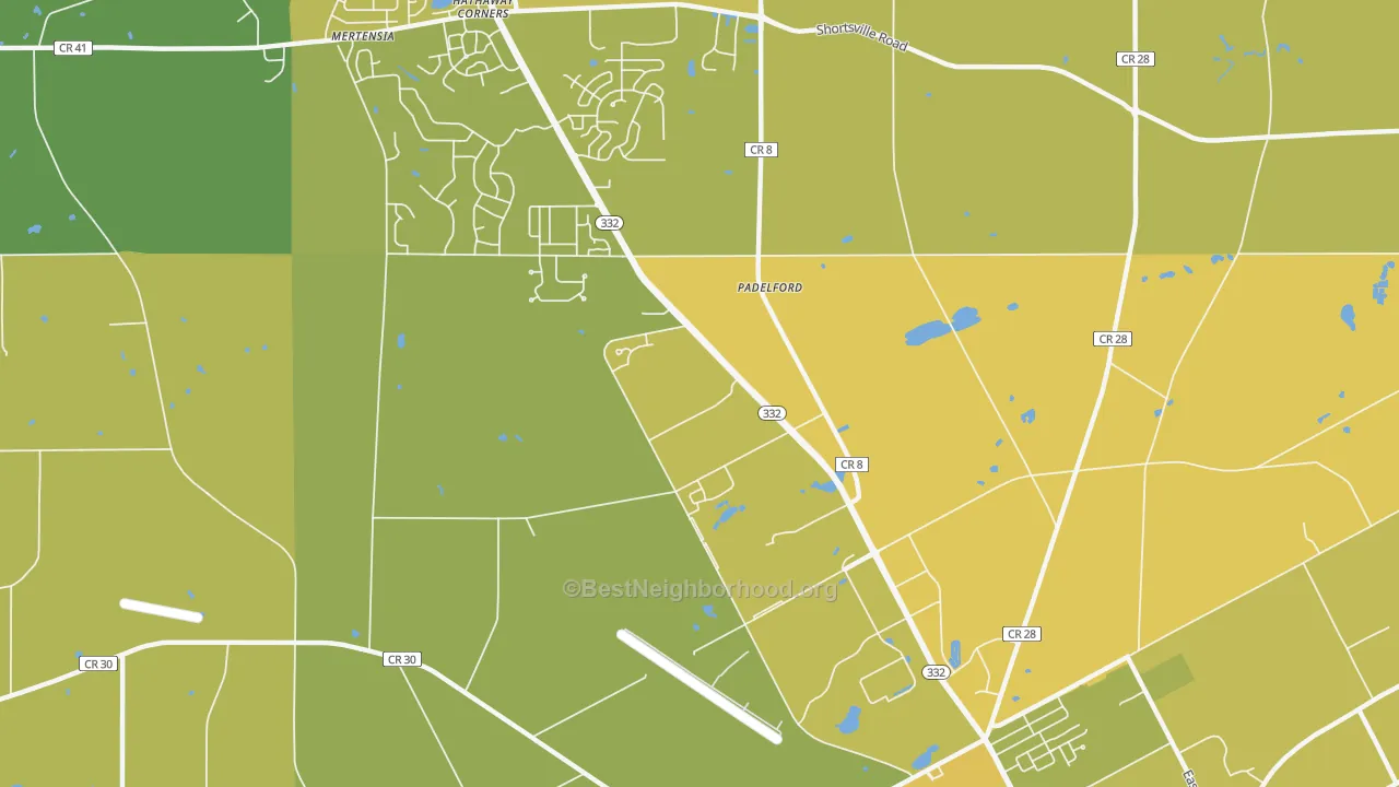 Map of the best neighborhoods in the Padelford area, with better matches in green and worse matches in red