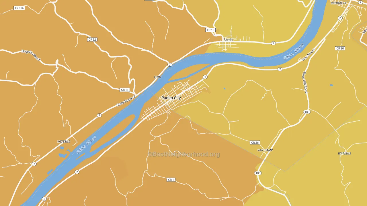 Map of the best neighborhoods in the Paden City area, with better matches in green and worse matches in red