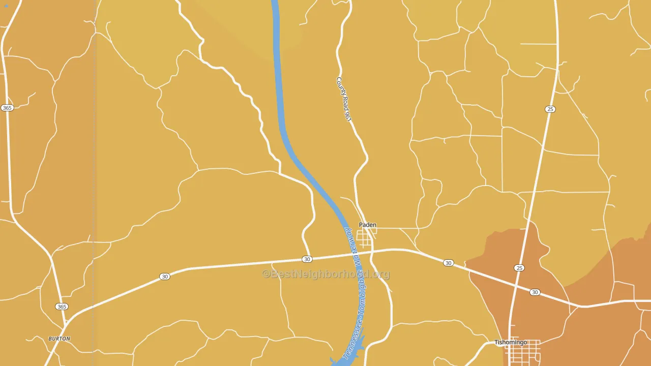Map of the best neighborhoods in the Paden area, with better matches in green and worse matches in red