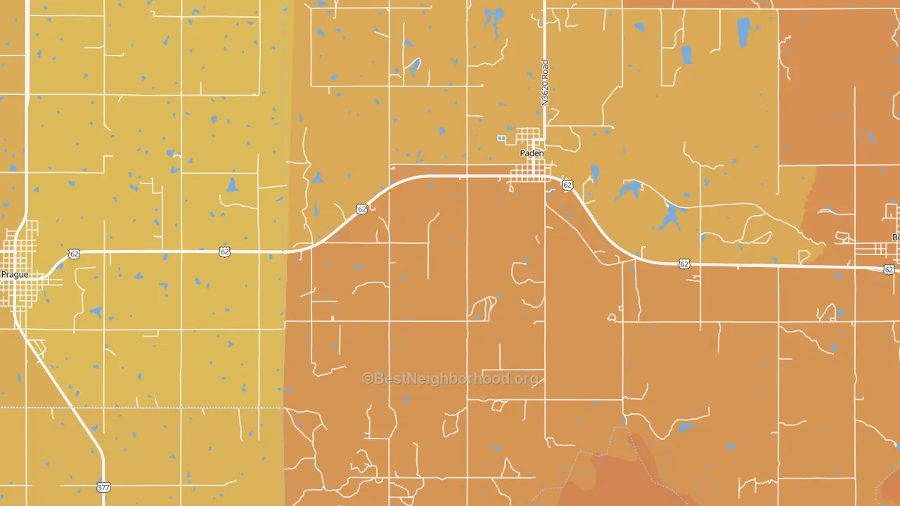 Map of the best neighborhoods in the Paden area, with better matches in green and worse matches in red