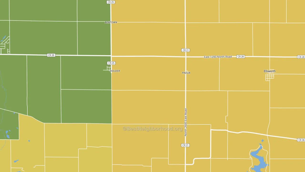 Map of the best neighborhoods in the Padua area, with better matches in green and worse matches in red