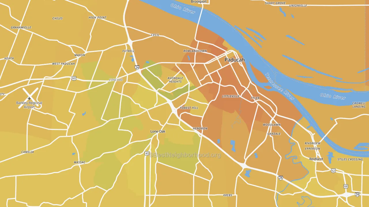 Map of the best neighborhoods in the Paducah Metro area, with better matches in green and worse matches in red