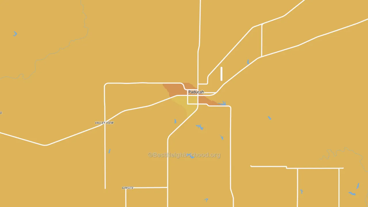 Map of the best neighborhoods in the Paducah area, with better matches in green and worse matches in red