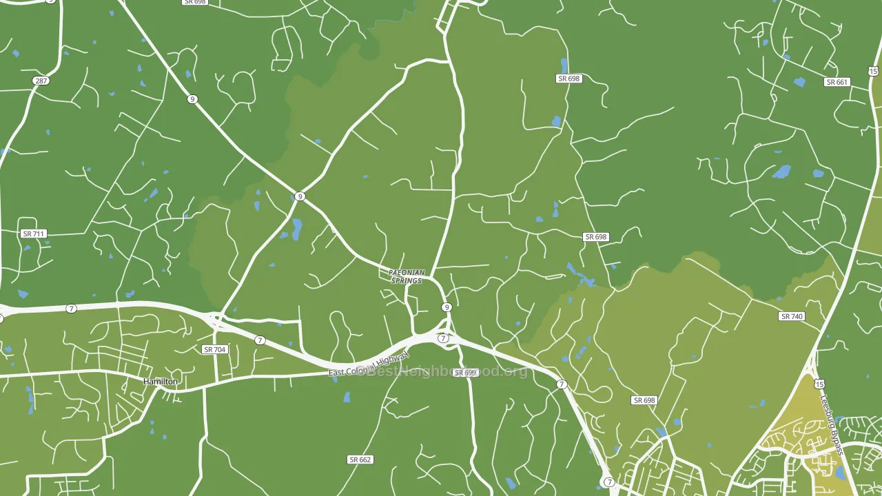 Map of the best neighborhoods in the Paeonian Springs area, with better matches in green and worse matches in red