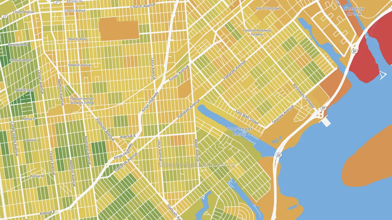 Map of the best neighborhoods in the Paerdegat, Brooklyn area, with better matches in green and worse matches in red