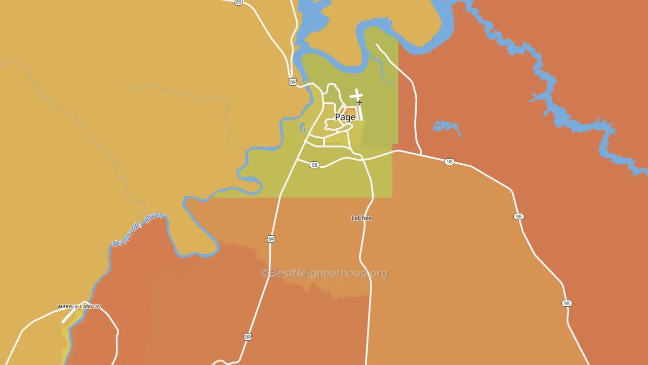 Map of the best neighborhoods in the Page area, with better matches in green and worse matches in red