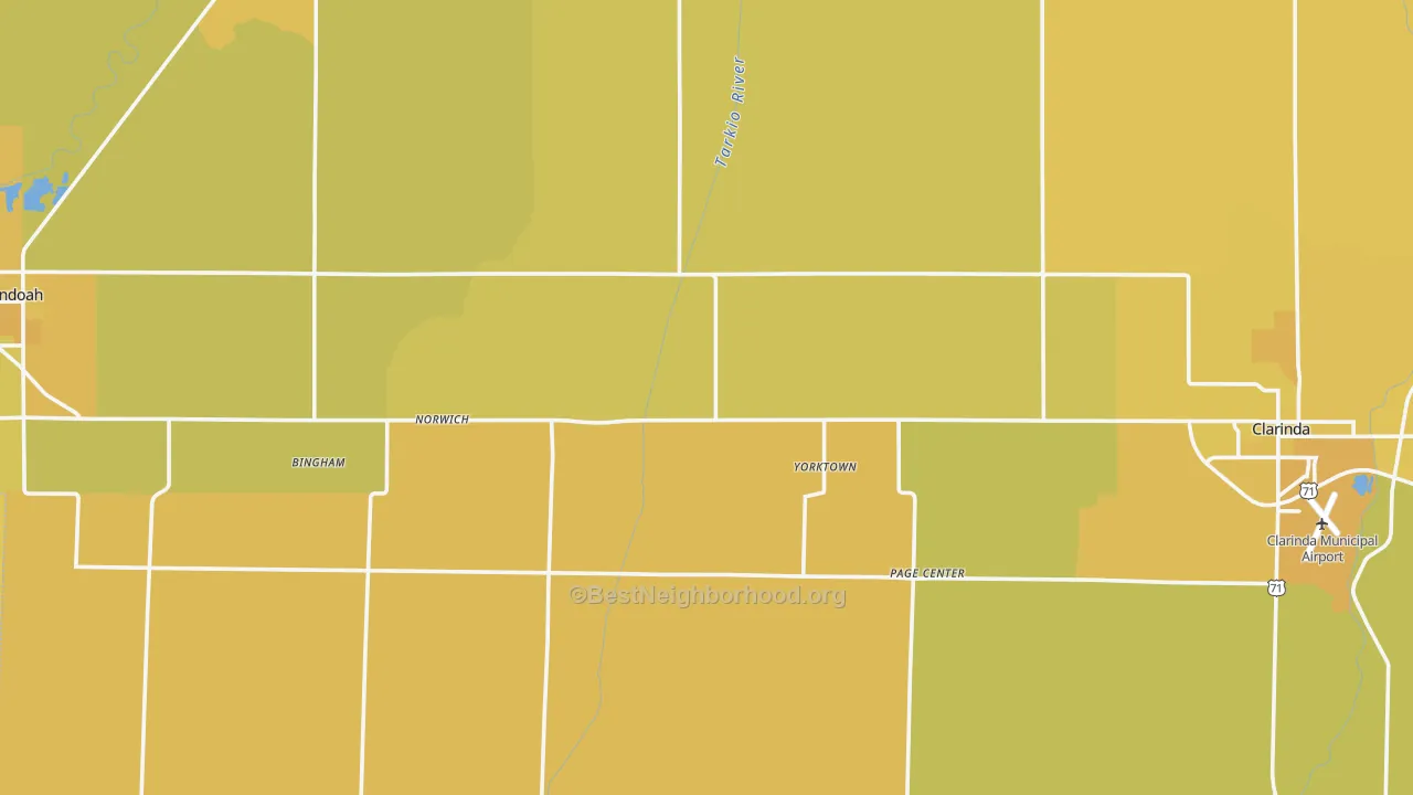 Map of the best neighborhoods in the Page County area, with better matches in green and worse matches in red