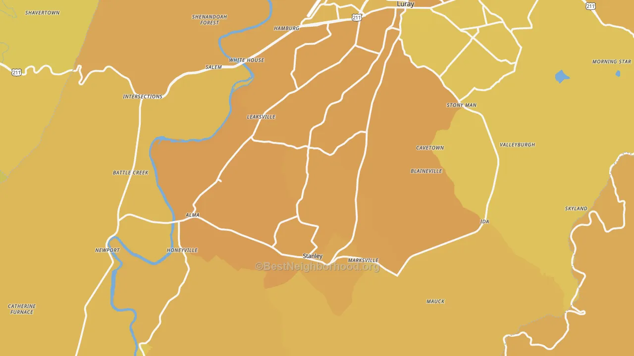Map of the best neighborhoods in the Page County area, with better matches in green and worse matches in red