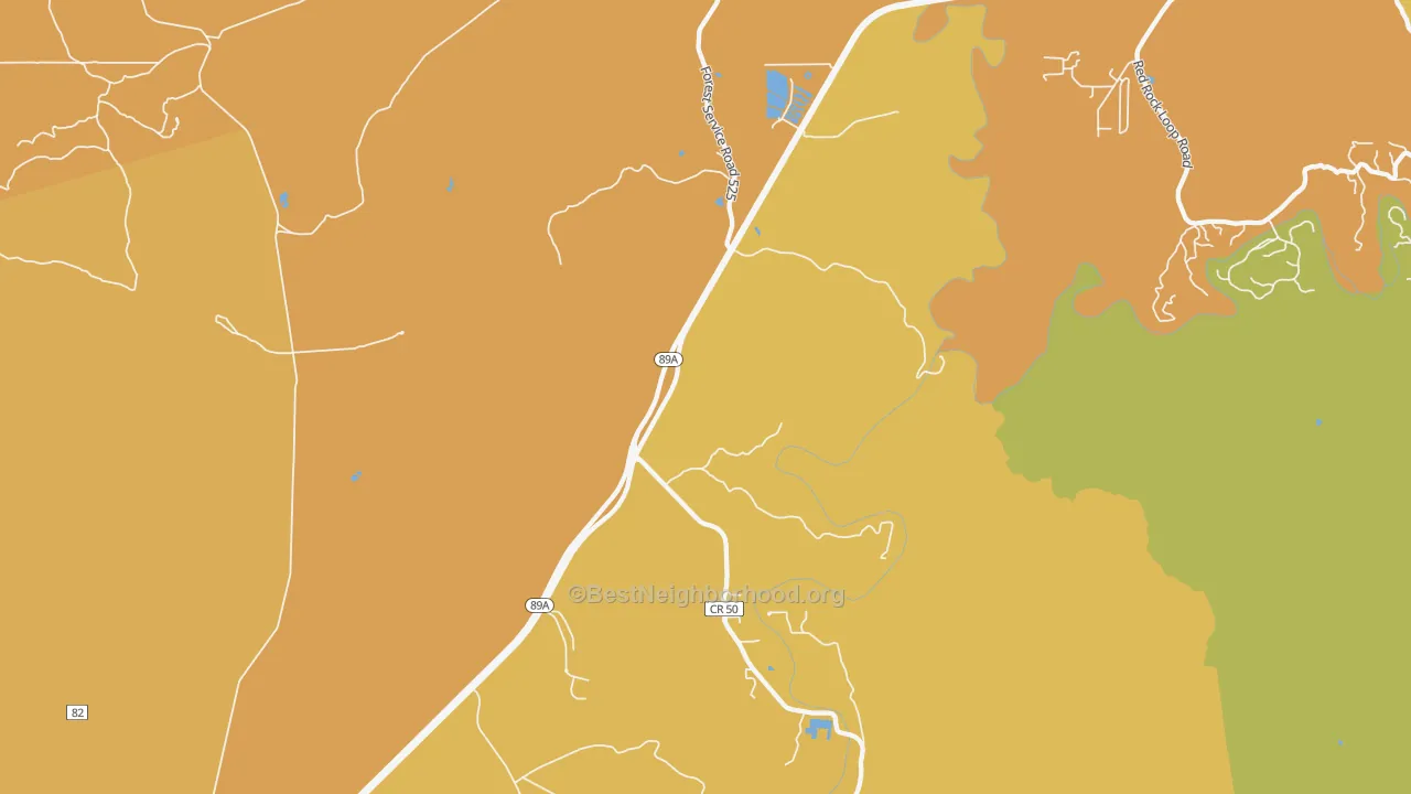Map of the best neighborhoods in the Page Springs area, with better matches in green and worse matches in red