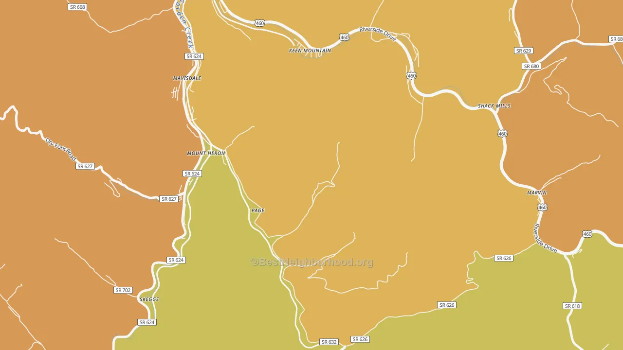 Map of the best neighborhoods in the Page area, with better matches in green and worse matches in red