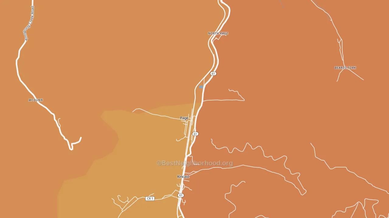 Map of the best neighborhoods in the Page area, with better matches in green and worse matches in red