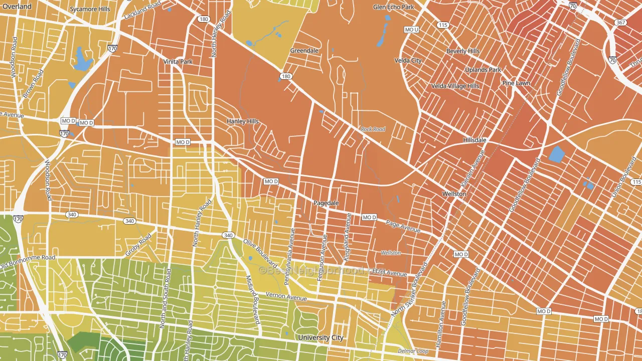 Map of the best neighborhoods in the Pagedale area, with better matches in green and worse matches in red