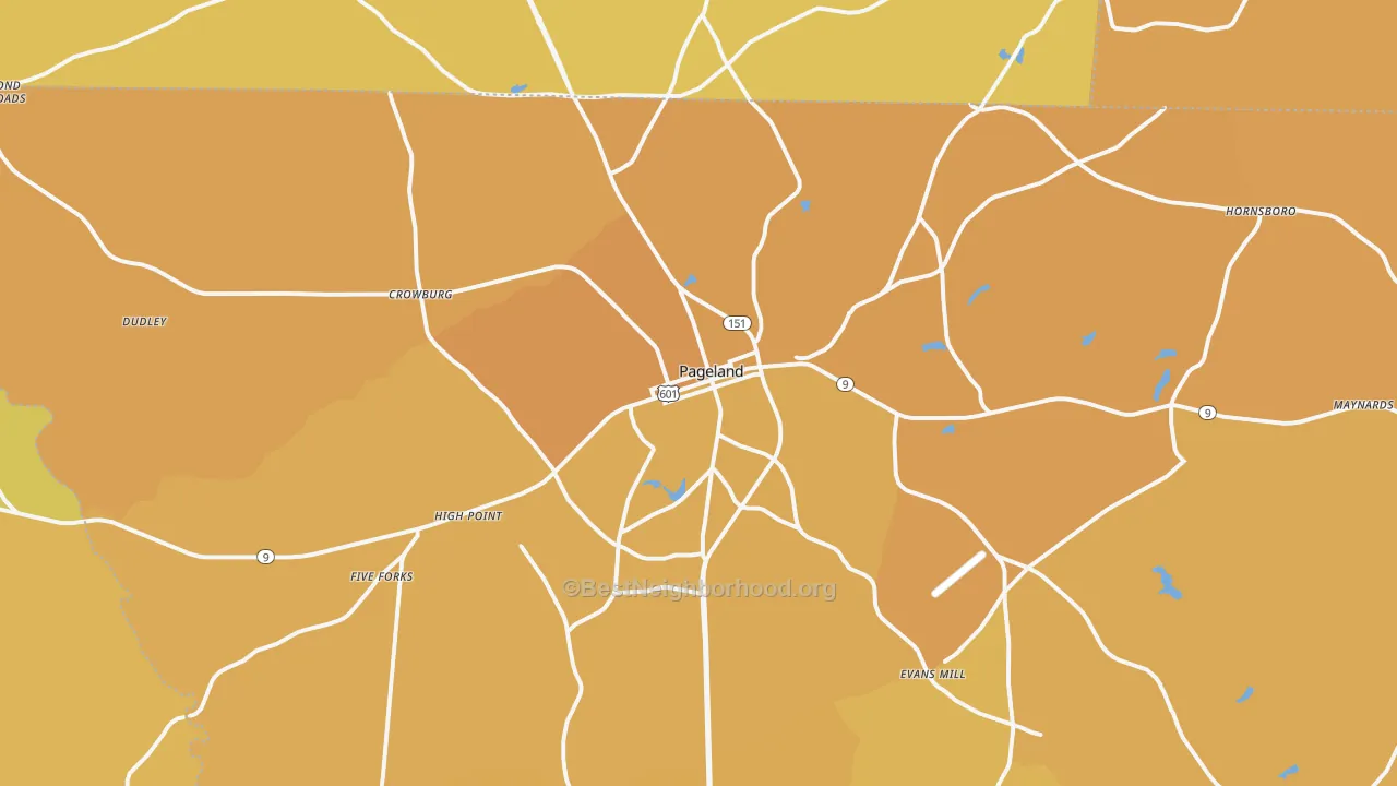 Map of the best neighborhoods in the Pageland area, with better matches in green and worse matches in red