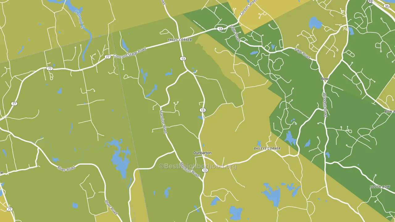 Map of the best neighborhoods in the Pages Corner area, with better matches in green and worse matches in red