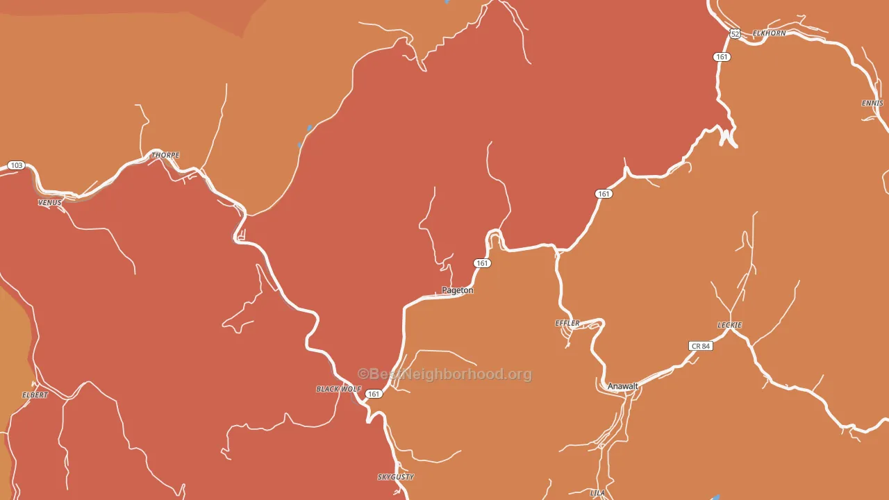 Map of the best neighborhoods in the Pageton area, with better matches in green and worse matches in red