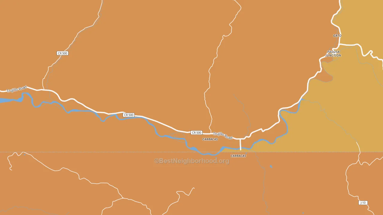 Map of the best neighborhoods in the Pagosa Junction area, with better matches in green and worse matches in red