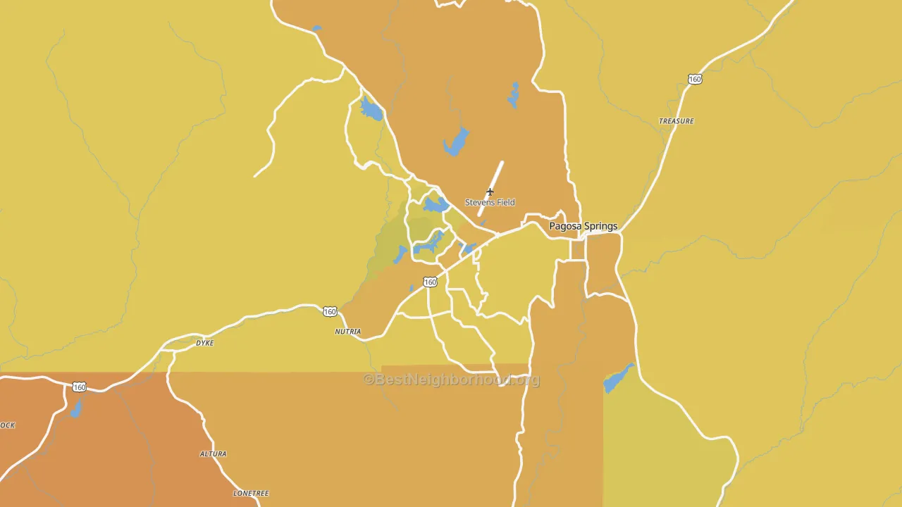 Map of the best neighborhoods in the Pagosa Springs area, with better matches in green and worse matches in red