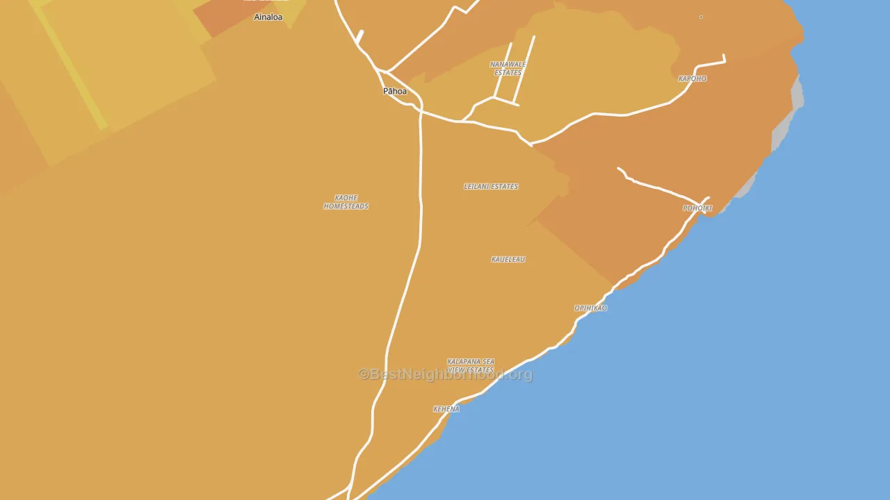 Map of the best neighborhoods in the Pahoa area, with better matches in green and worse matches in red