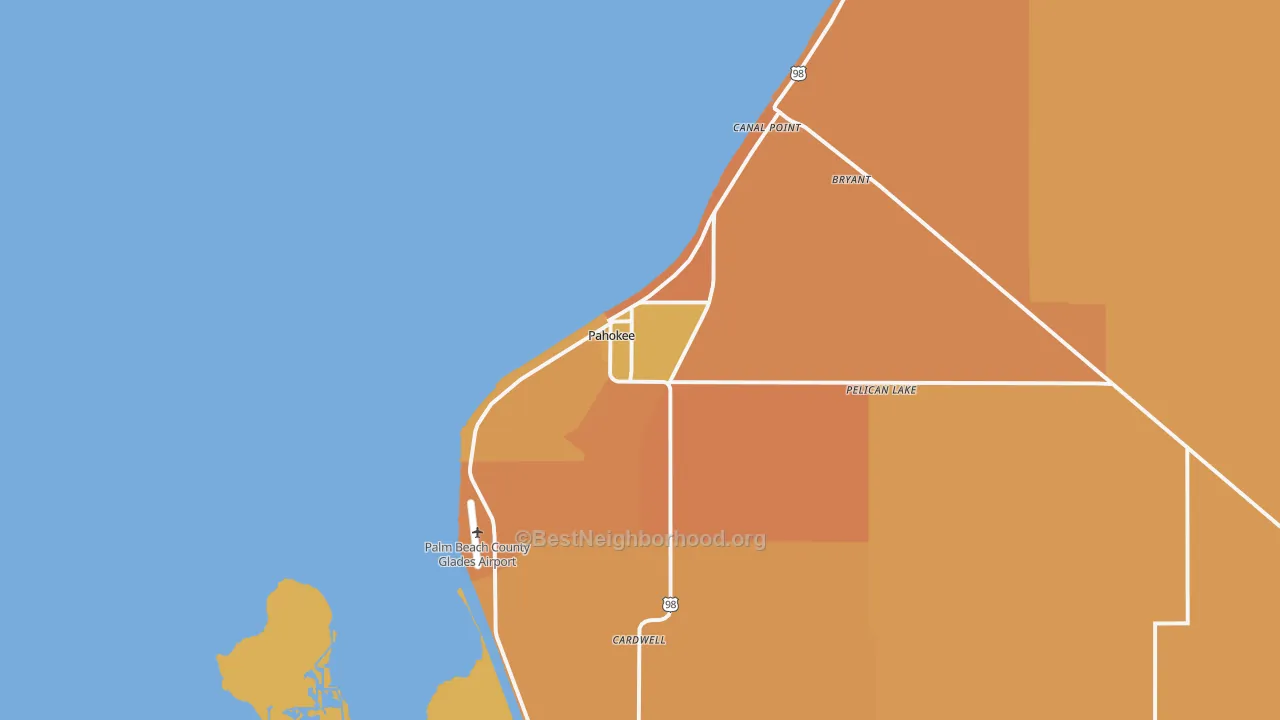 Map of the best neighborhoods in the Pahokee area, with better matches in green and worse matches in red