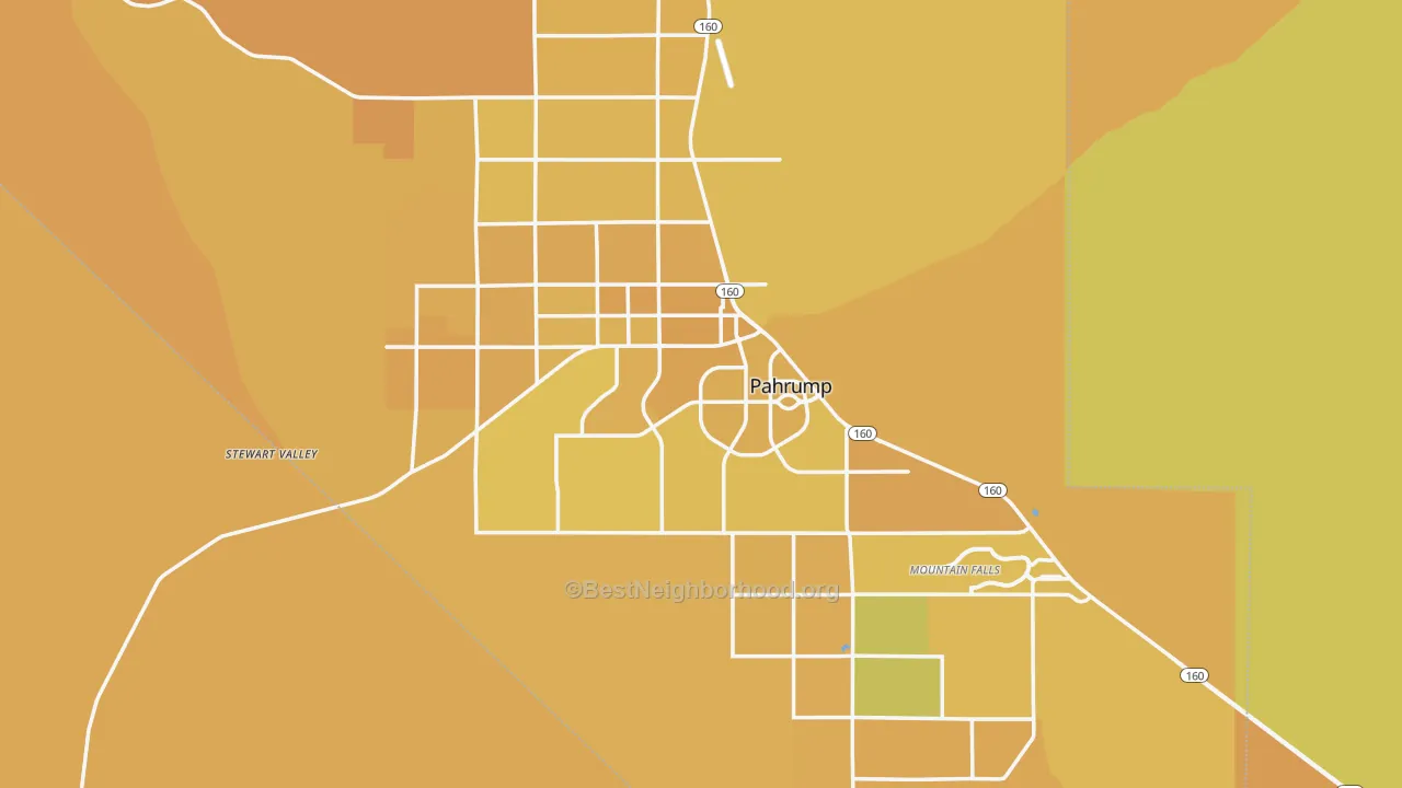 Map of the best neighborhoods in the Pahrump area, with better matches in green and worse matches in red