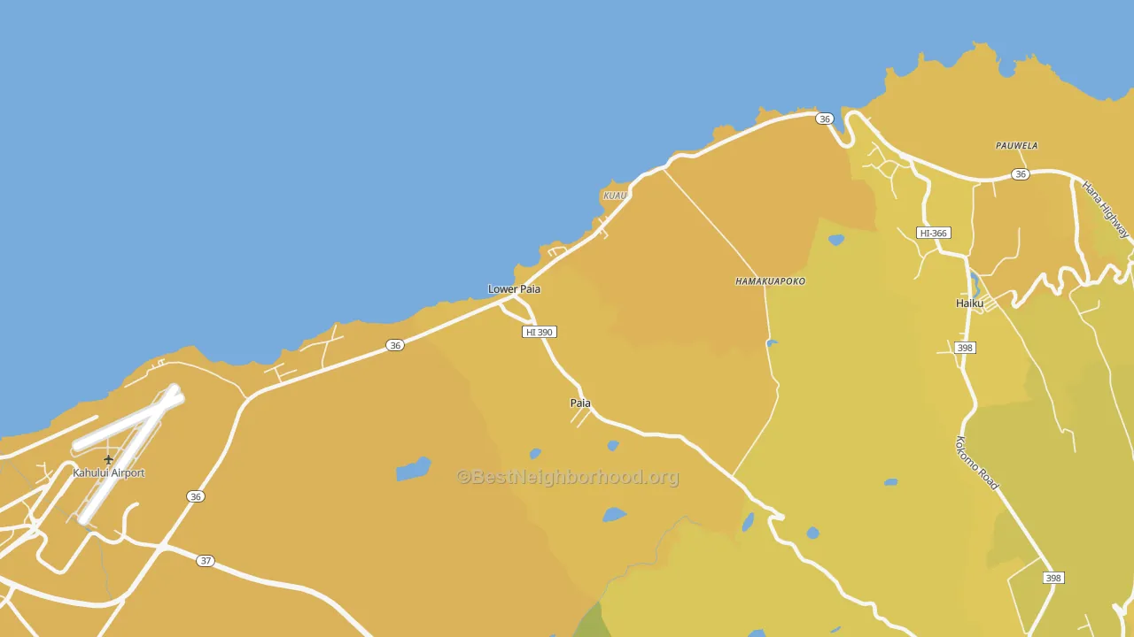 Map of the best neighborhoods in the Paia area, with better matches in green and worse matches in red