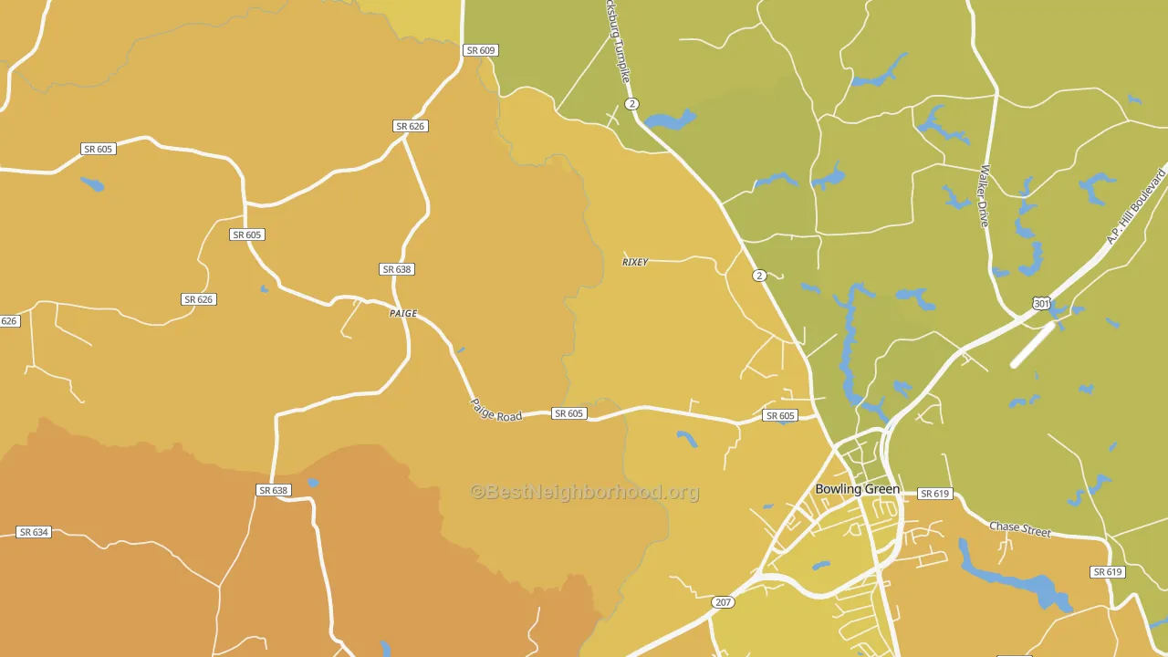 Map of the best neighborhoods in the Paige area, with better matches in green and worse matches in red