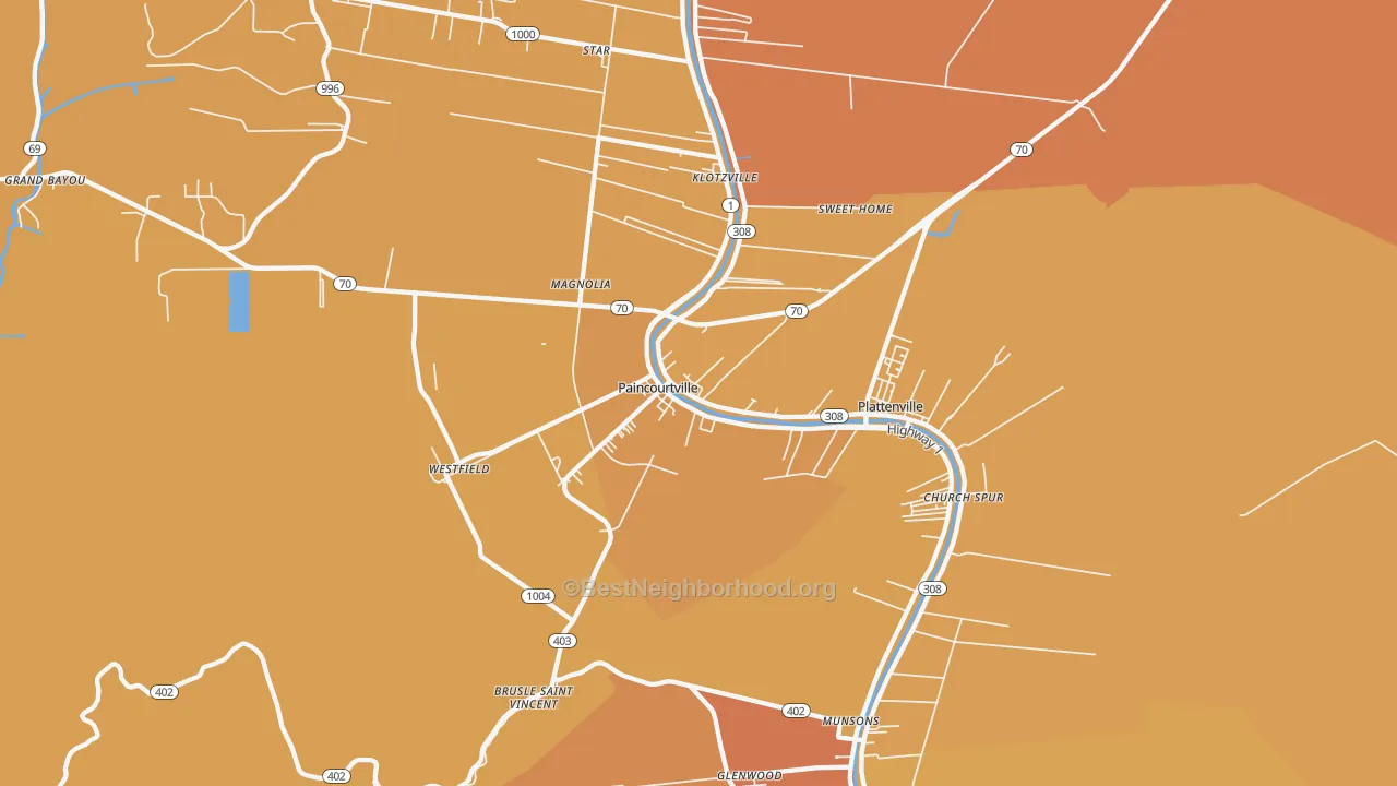Map of the best neighborhoods in the Paincourtville area, with better matches in green and worse matches in red