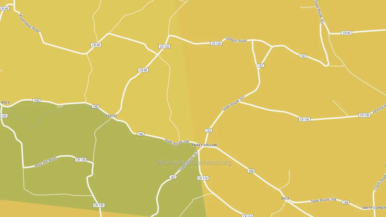 Map of the best neighborhoods in the Paines Hollow area, with better matches in green and worse matches in red