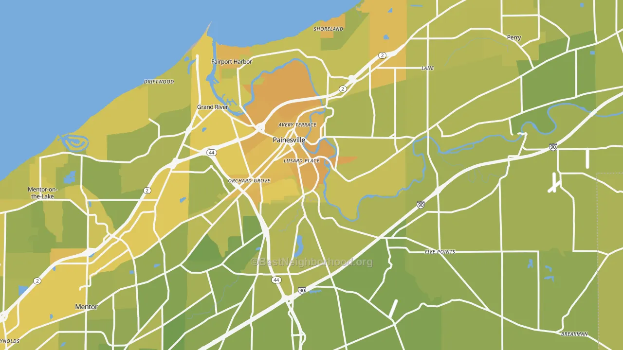 Map of the best neighborhoods in the Painesville area, with better matches in green and worse matches in red